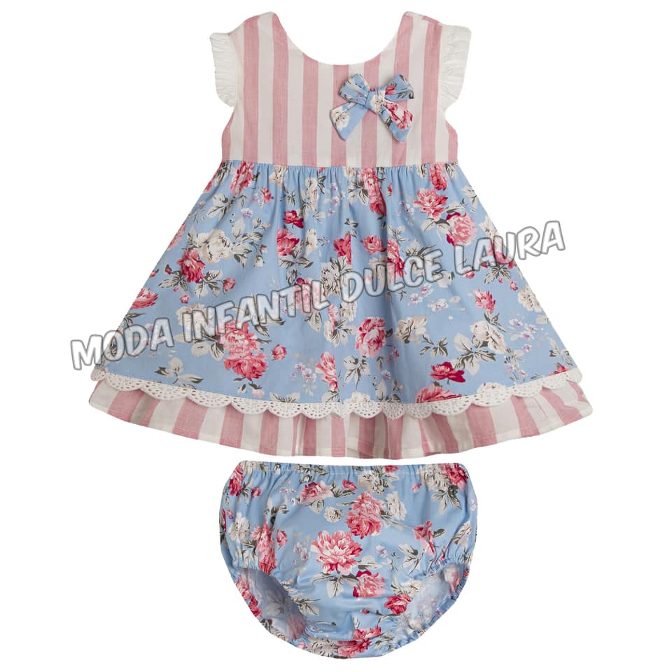 Vestido azul y rosa rayas con lazo detras 6 a 24 meses - Modas Dula