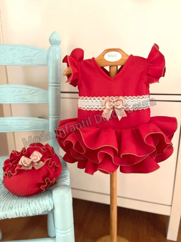 Vestido flamenca liso rojo con braguita lazo camel desde 3 meses hasta 24 meses