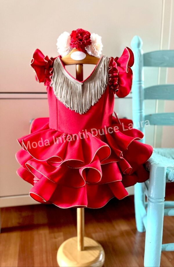 Vestido flamenca liso rojo flecos desde 1 año hasta 6 años