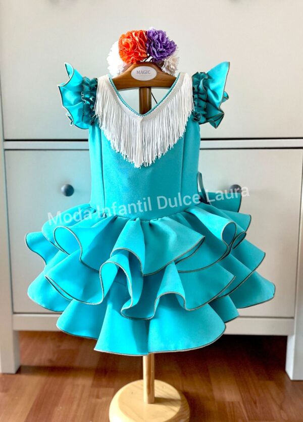 Vestido flamenca liso verde flecos desde 1 año hasta 6 años