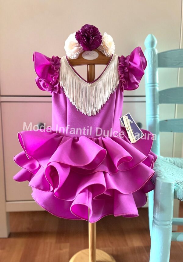 Vestido flamenca liso buganvilla flecos desde 1 año hasta 6 años