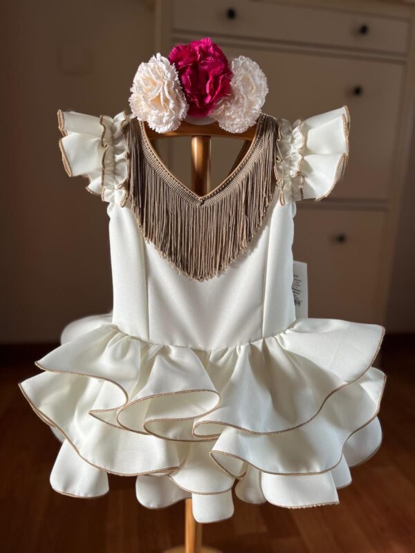 Vestido flamenca liso beige flecos desde 1 año hasta 6 años