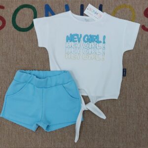 Conjunto camiseta nudo y pantalón corto turquesa desde 3 hasta 14 años