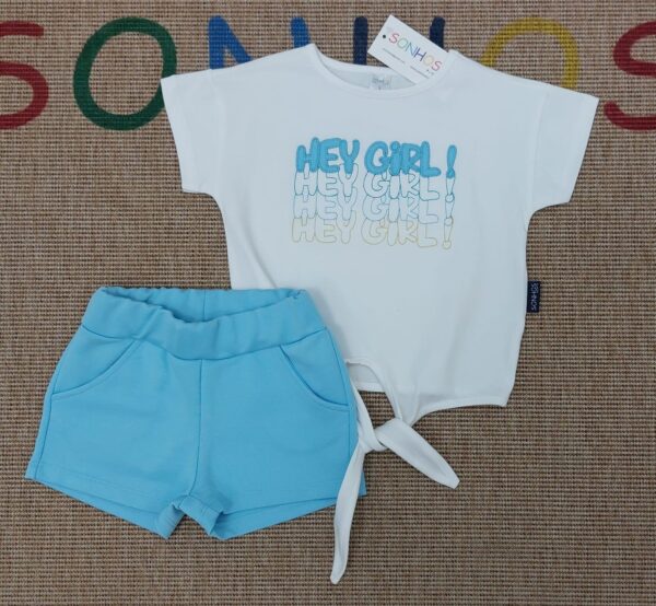 Conjunto camiseta nudo y pantalón corto turquesa desde 3 hasta 14 años
