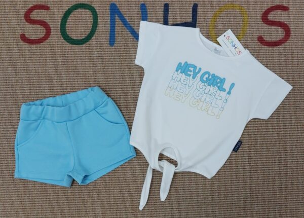 Conjunto camiseta nudo y pantalón corto turquesa desde 3 hasta 14 años - Imagen 2