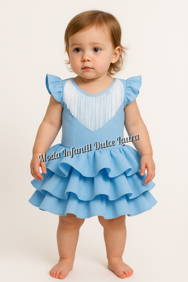 Vestido flamenca azul liso con flecos 6 meses a 6 años