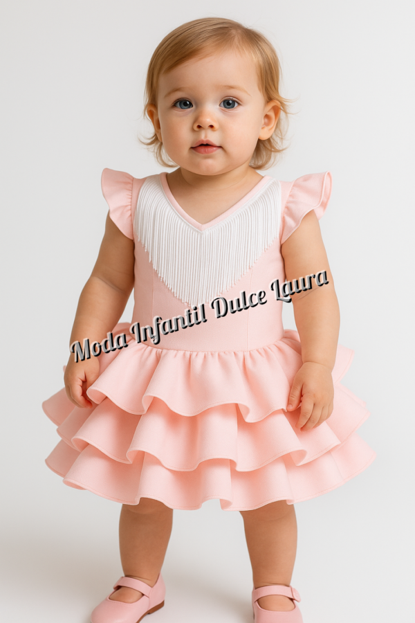 Vestido flamenca rosa liso con flecos 6 meses a 6 años