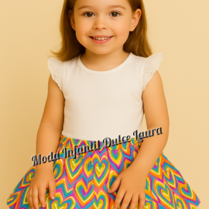 Conjunto camiseta blanca con falda corazones colores desde 2 hasta 6 años