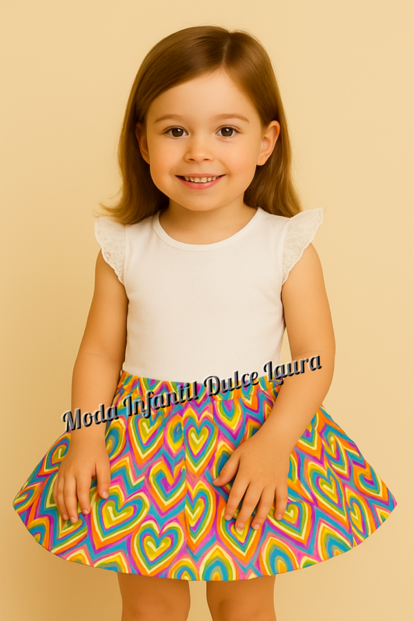 Conjunto camiseta blanca con falda corazones colores desde 2 hasta 6 años