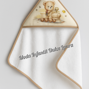 Capa de baño 100 x 100 algodón beige y blanca ositos
