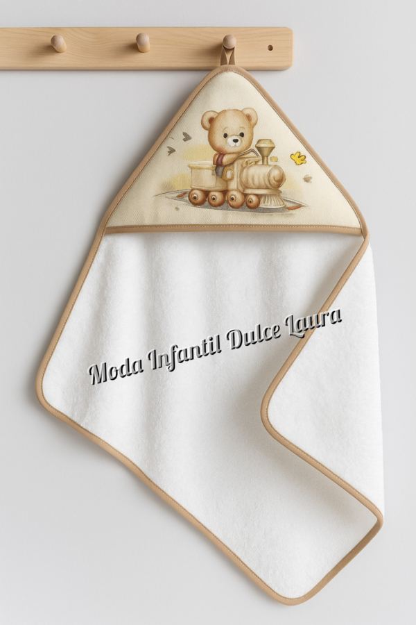 Capa de baño 100 x 100 algodón beige y blanca ositos