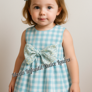 Vestido tirantes cuadros turquesa y lazo flores familia Barbados desde 2 años hasta 10 años 0550ver25