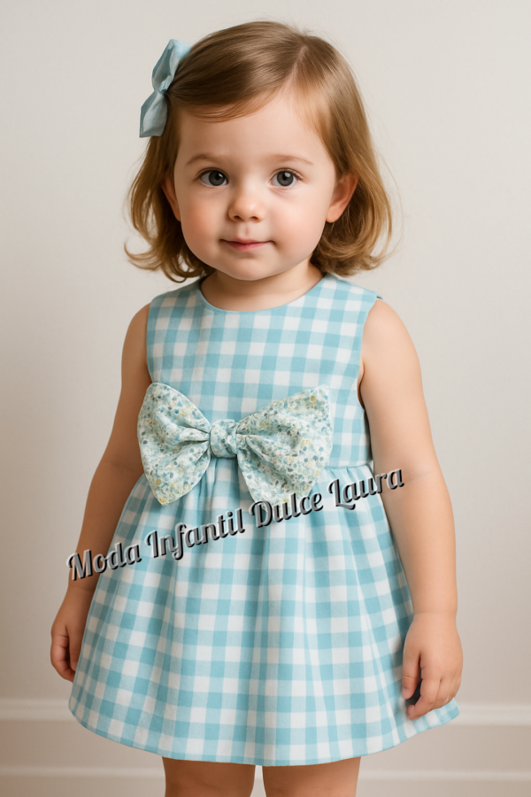 Vestido tirantes cuadros turquesa y lazo flores familia Barbados desde 2 años hasta 10 años 0550ver25