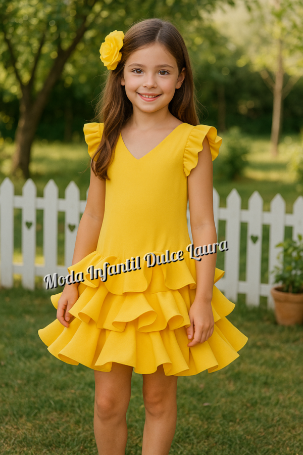 Vestido de flamenca amarillo liso desde 8 años hasta 14 años