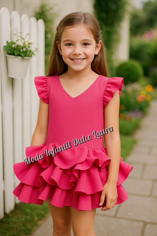 Vestido de flamenca fucsia liso desde 8 años hasta 14 años
