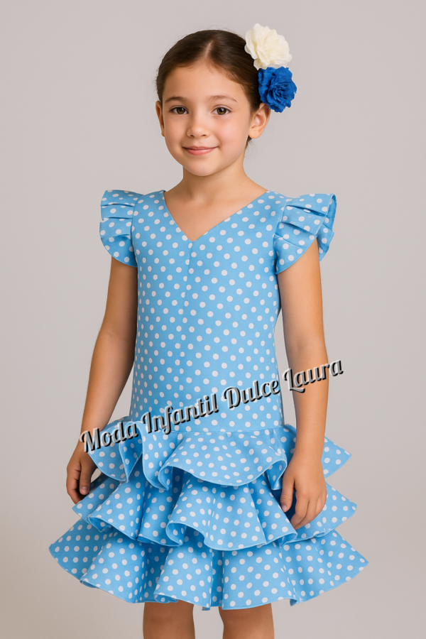 Vestido de flamenca azul lunares desde 8 años hasta 14 años