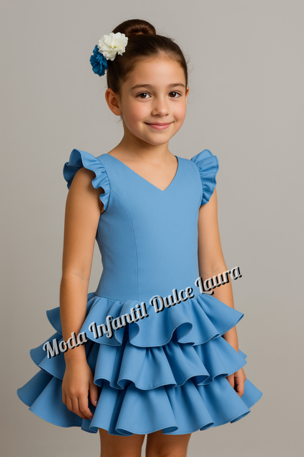 Vestido de flamenca azul liso desde 8 años hasta 14 años
