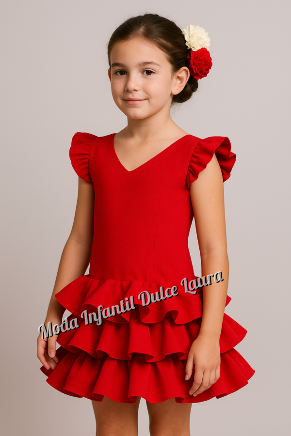 Vestido de flamenca rojo liso desde 8 años hasta 14 años