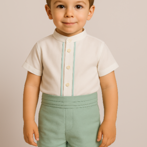 Conjunto ceremonia camisa blanca manga corta, pantalón y fajín verde desde 3 meses hasta 24 meses Anavig 1101