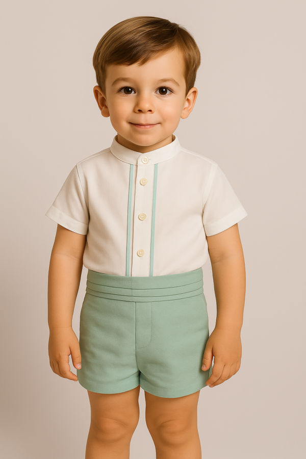 Conjunto ceremonia camisa blanca manga corta, pantalón y fajín verde desde 3 meses hasta 24 meses Anavig 1101