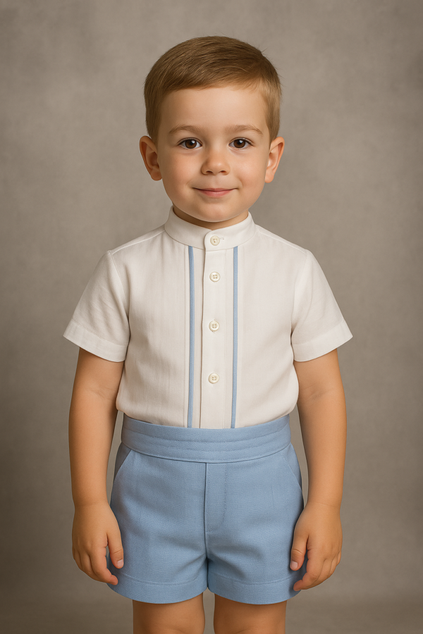 Conjunto ceremonia camisa blanca manga corta, pantalón y fajín azul empolvado desde 3 años hasta 10 años Anavig 1201