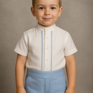 Conjunto ceremonia camisa blanca manga corta, pantalón y fajín azul empolvado desde 3 meses hasta 24 meses Anavig 1101
