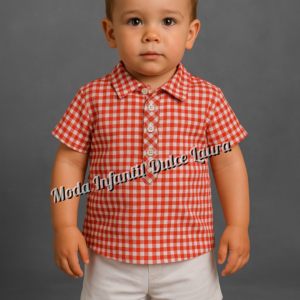 Conjunto camisa cuadros manga corta roja y pantalón corto blanco desde 6 meses hasta 48 meses familia Cuba 0278ver