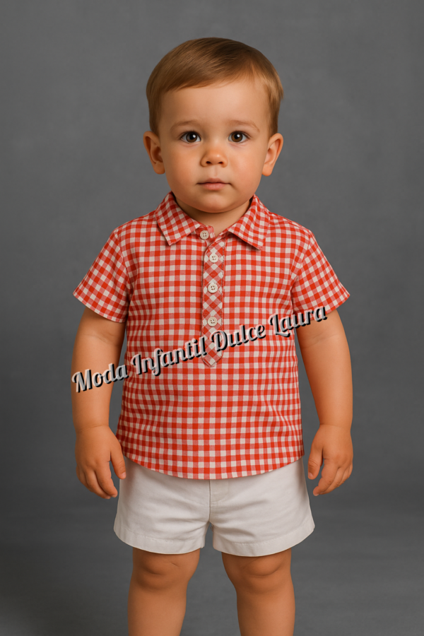 Conjunto camisa cuadros manga corta roja y pantalón corto blanco desde 6 meses hasta 48 meses familia Cuba 0278ver
