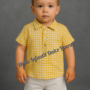 Conjunto camisa cuadros manga corta amarilla y pantalón corto blanco desde 6 meses hasta 48 meses familia Cuba 0278ver