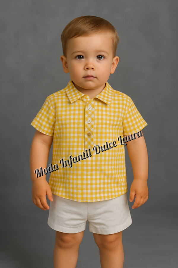 Conjunto camisa cuadros manga corta amarilla y pantalón corto blanco desde 6 meses hasta 48 meses familia Cuba 0278ver