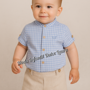 Conjunto camisa manga corta azul cuadros y pantalón lino corto desde 6 meses hasta 48 meses familia Maldivas 0279ver25