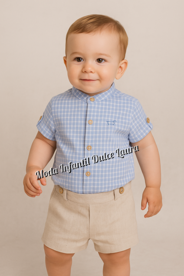 Conjunto camisa manga corta azul cuadros y pantalón lino corto desde 6 meses hasta 48 meses familia Maldivas 0279ver25