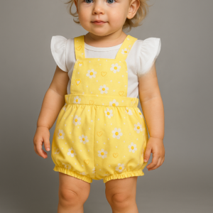 Conjunto peto amarillo flores mas camiseta manga corta 6 a 24 meses