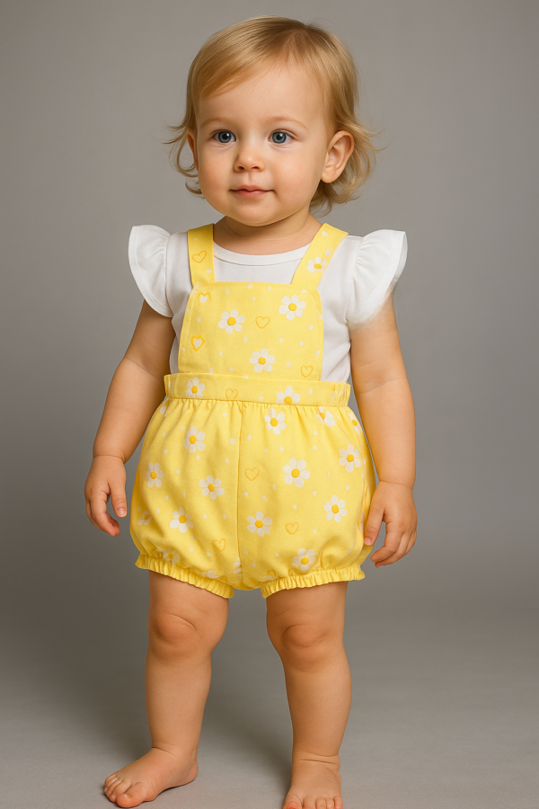 Conjunto peto amarillo flores mas camiseta manga corta 6 a 24 meses