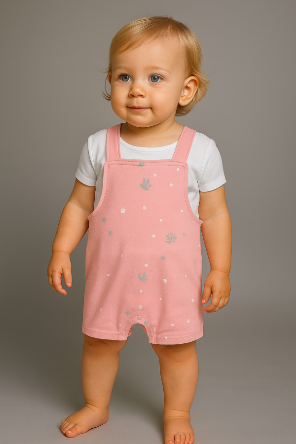 Conjunto peto rosa clarito mas camiseta manga corta 6 a 24 meses