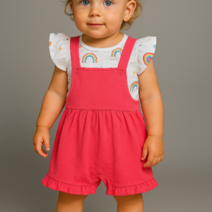 Conjunto peto rosa mas camiseta manga corta 6 a 24 meses