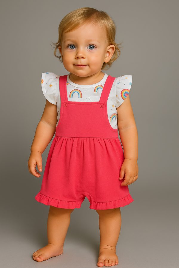 Conjunto peto rosa mas camiseta manga corta 6 a 24 meses