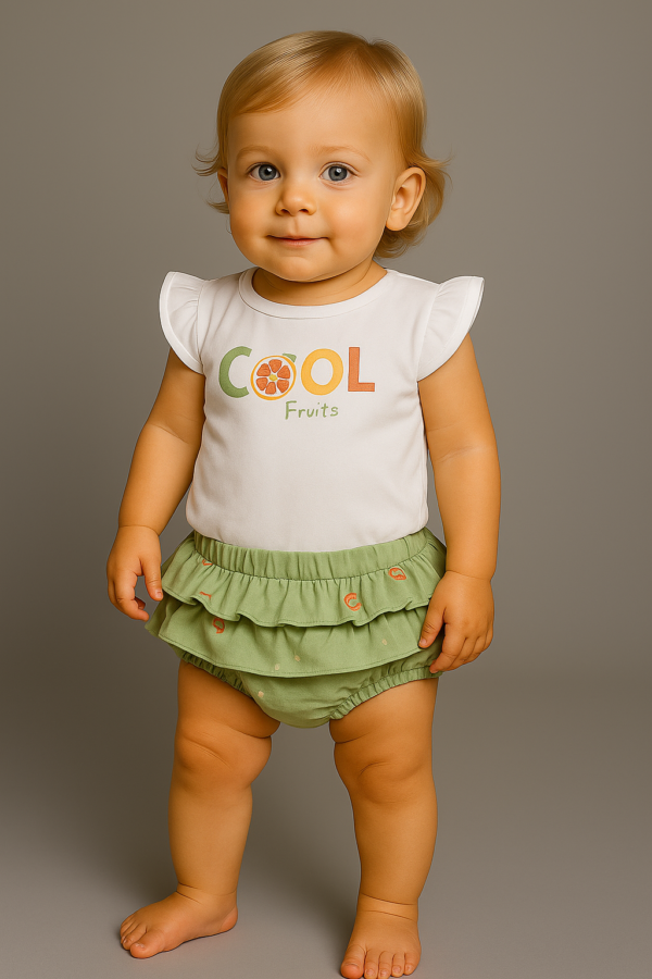 Conjunto camiseta cool fruits mas ranita volantes verde 1 a 24 meses