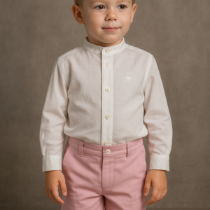 Conjunto ceremonia camisa corta blanca y pantalón corto rosa familia Madeira desde  2 años hasta 10 años