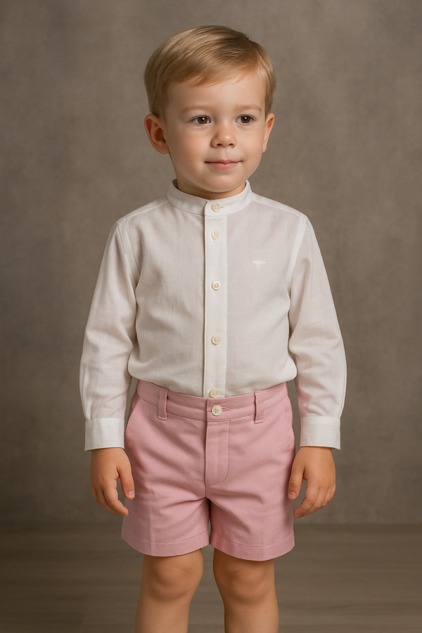 Conjunto ceremonia camisa corta blanca y pantalón corto rosa familia Madeira desde  2 años hasta 10 años