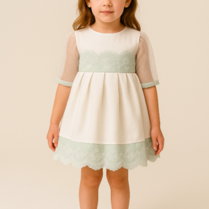 Vestido ceremonia blanco y verde 2 a 12 años
