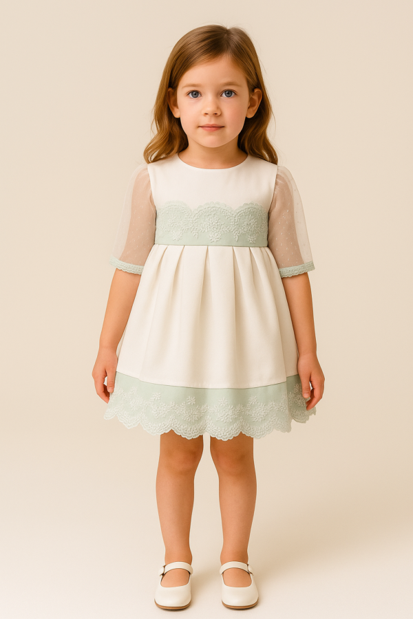 Vestido ceremonia blanco y verde 2 a 12 años