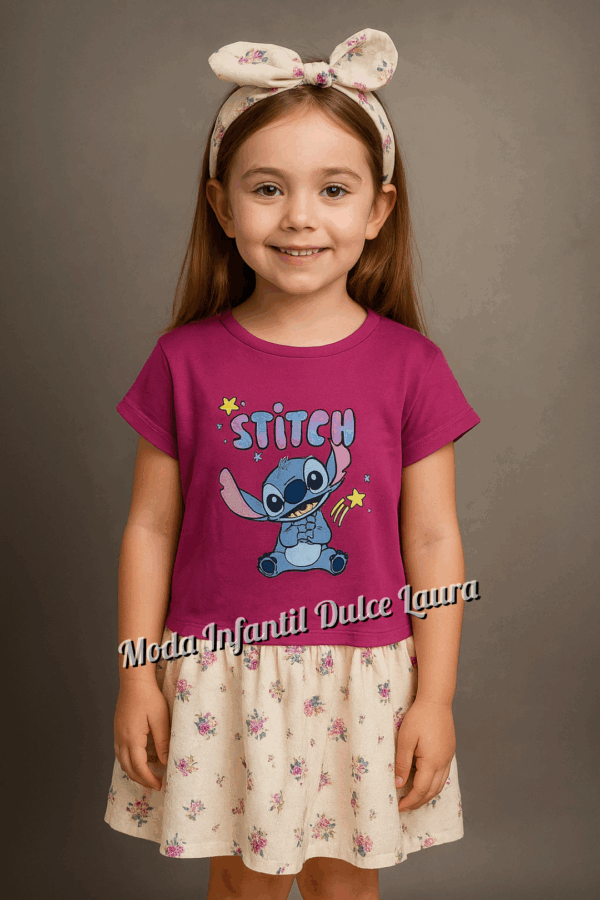 Vestido más felpa Stich morado flores desde 4 años hasta 12 años