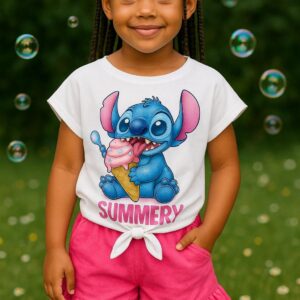 Conjunto Stich helado camiseta y pantalón corto rosa desde 3 hasta 12 años