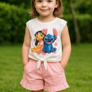 Conjunto Lilo & Stich camiseta y pantalón corto rosa desde 3 años hasta 10 años