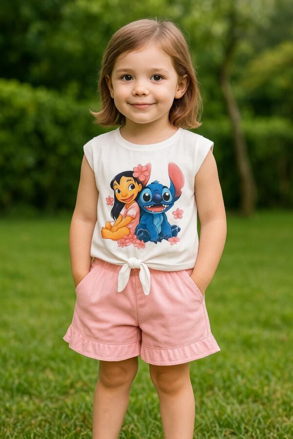 Conjunto Lilo & Stich camiseta y pantalón corto rosa desde 3 años hasta 10 años