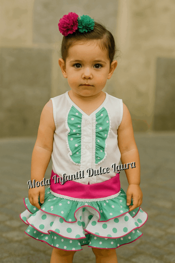 Traje falda verde lunares fucsia y camisa flamenca desde 2 hasta 12 años