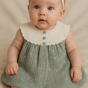 Vestido verde bambula con hilo corazones 1 a 12 meses