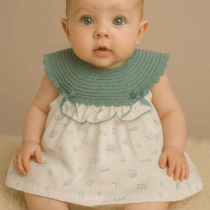 Vestido hilo y tela estampada verde v7209 desde 1 mes hasta 12 meses