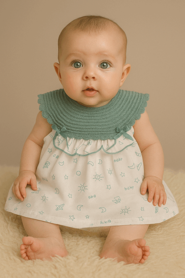 Vestido hilo y tela estampada verde v7209 desde 1 mes hasta 12 meses